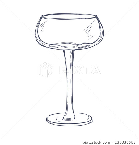 Hand drawn coupe cocktail glass vector sketch painted by black inks. Elegant stemware for holiday celebration. Vintage line art illustration of alcoholic beverage vessel for menu design Hand drawn coupe cocktail glass vector sketch painted by black inks. Elegant stemware for holiday celebration. Vintage line art illustration of alcoholic beverage vessel for menu design 139330593