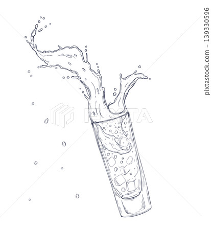 Glass with splashing liquid and ice cube monochrome vector isolated illustration. Hand drawn cocktail or refreshing drink. Line art style beverage drawing for menu design and restaurant advertising Glass with splashing liquid and ice cube monochrome vector isolated illustration. Hand drawn cocktail or refreshing drink. Line art style beverage drawing for menu design and restaurant advertising 139330596