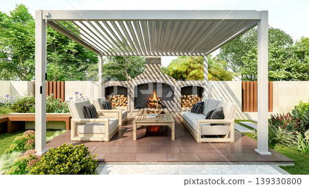 Modern luxury pergola in backyard garden with outdoor seating area and small swimming pool, 3D Rendering Modern luxury pergola in backyard garden with outdoor seating area and small swimming pool, 3D Rendering 139330800