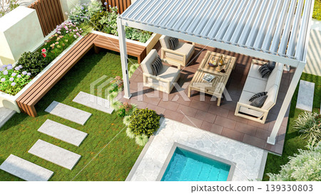 Modern luxury pergola in backyard garden with outdoor seating area and small swimming pool, 3D Rendering Modern luxury pergola in backyard garden with outdoor seating area and small swimming pool, 3D Rendering 139330803