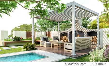 Modern luxury pergola in backyard garden with outdoor seating area and small swimming pool, 3D Rendering Modern luxury pergola in backyard garden with outdoor seating area and small swimming pool, 3D Rendering 139330804