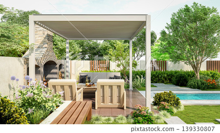 Modern luxury pergola in backyard garden with outdoor seating area and small swimming pool, 3D Rendering Modern luxury pergola in backyard garden with outdoor seating area and small swimming pool, 3D Rendering 139330807