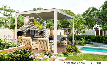 Modern luxury pergola in backyard garden with outdoor seating area and small swimming pool, 3D Rendering Modern luxury pergola in backyard garden with outdoor seating area and small swimming pool, 3D Rendering 139330810
