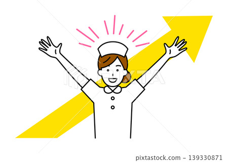 A female nurse cheers with an upward-pointing arrow. 139330871