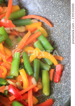 Fresh colorful vegetable stir fry with baby corn and green beans cooking in a pan for healthy dinner Fresh colorful vegetable stir fry with baby corn and green beans cooking in a pan for healthy dinner 139330890
