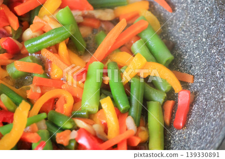Fresh colorful vegetable stir fry with baby corn and green beans cooking in a pan for healthy dinner Fresh colorful vegetable stir fry with baby corn and green beans cooking in a pan for healthy dinner 139330891