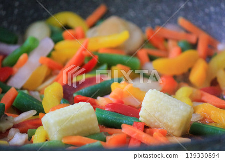 Fresh colorful vegetable stir fry with baby corn and green beans cooking in a pan for healthy dinner Fresh colorful vegetable stir fry with baby corn and green beans cooking in a pan for healthy dinner 139330894
