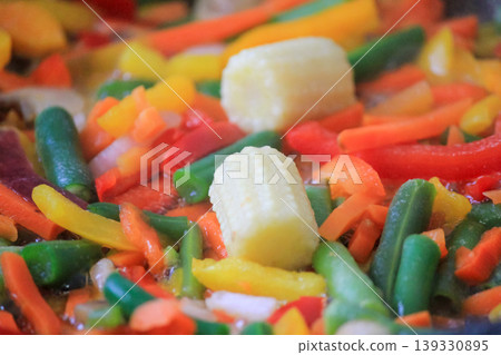 Fresh colorful vegetable stir fry with baby corn and green beans cooking in a pan for healthy dinner Fresh colorful vegetable stir fry with baby corn and green beans cooking in a pan for healthy dinner 139330895