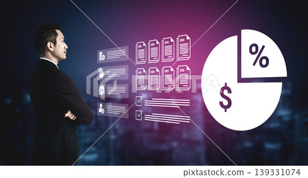 Businessman Analyzing Financial Data and Charts with Documents and Percentage Symbols Against a City Night Background Ledger Businessman Analyzing Financial Data and Charts with Documents and Percentage Symbols Against a City Night Background Ledger 139331074