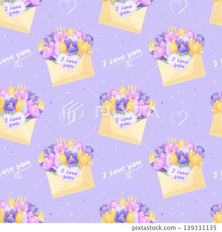 Seamless pattern with a bouquet of crocuses in a postal envelope with an "I love you" card on a light blue background. "Hello, spring." Vector illustration for postcards, posters, banners, printing Seamless pattern with a bouquet of crocuses in a postal envelope with an "I love you" card on a light blue background. "Hello, spring." Vector illustration for postcards, posters, banners, printing 139331135
