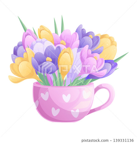 Bouquet of crocuses in a cup on a white background. The concept of spring, International Women's Day, Mother's Day, and birthday. Isolated vector illustration Bouquet of crocuses in a cup on a white background. The concept of spring, International Women's Day, Mother's Day, and birthday. Isolated vector illustration 139331136