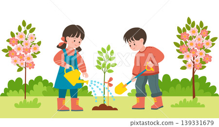 Little children planting tree together. Little boy and girl working together outdoors in the garden Little children planting tree together. Little boy and girl working together outdoors in the garden 139331679