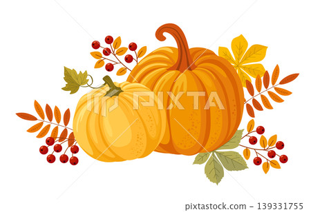 Colorful autumn pumpkins, berries and forest leaves clipart. Seasonal harvest design for greeting or poster. 139331755