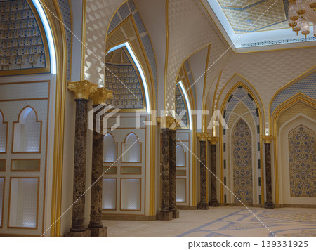 Abu Dhabi, UAE January 15, 2024 Breathtaking interior of Palace features massive golden dome and intricate mosaics. decorations royal opulence inside presidential palace of United Arab Emirates. 139331925
