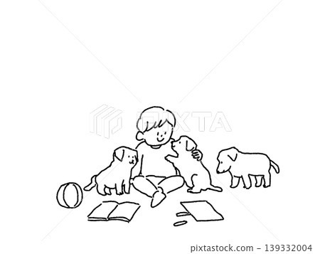 A little boy playing with three puppies (line drawing) A little boy playing with three puppies (line drawing) 139332004