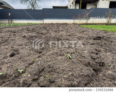 Freshly tilled soil in the backyard vegetable garden, spring gardening tasks, soil preparation, and planting in the backyard garden 139332066