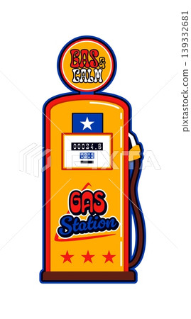 USA gas station vintage Y2K sticker or symbol. USA flag colors retro vector label, United States of America vintage patch. American industry 60s 70s sticker or Y2K tag with old gas station fuel pump USA gas station vintage Y2K sticker or symbol. USA flag colors retro vector label, United States of America vintage patch. American industry 60s 70s sticker or Y2K tag with old gas station fuel pump 139332681