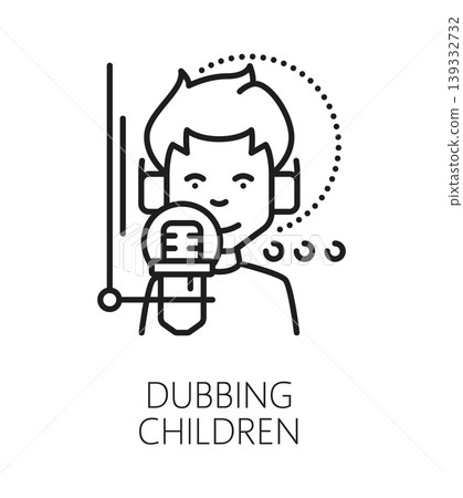 Children dubbing sound record line icon or label. Audio recording studio icon, sound design and mixing vector symbol. Music production and dubbing sign with kid in headphones and studio microphone Children dubbing sound record line icon or label. Audio recording studio icon, sound design and mixing vector symbol. Music production and dubbing sign with kid in headphones and studio microphone 139332732
