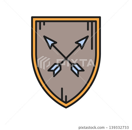 Heraldry shield with crossed arrow color line icon or sign. Ancient heraldry lineart symbol, royal Coat of Arms icon. Vintage medieval sign Heraldry shield with crossed arrow color line icon or sign. Ancient heraldry lineart symbol, royal Coat of Arms icon. Vintage medieval sign 139332733