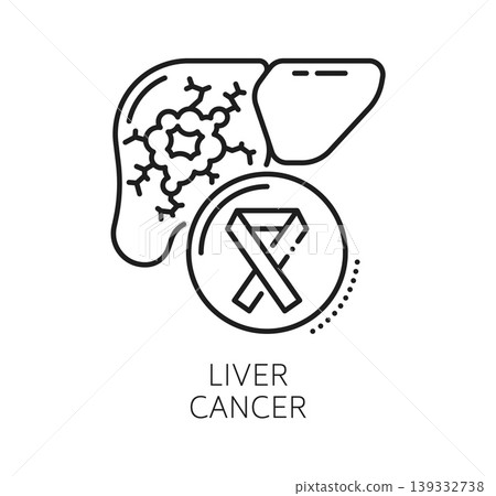 Chronic liver cancer disease and therapy, medical line icon. Liver health problem vector icon, human organ oncology disease sign. Medical pictogram with cancer tumor on liver, awareness ribbon Chronic liver cancer disease and therapy, medical line icon. Liver health problem vector icon, human organ oncology disease sign. Medical pictogram with cancer tumor on liver, awareness ribbon 139332738