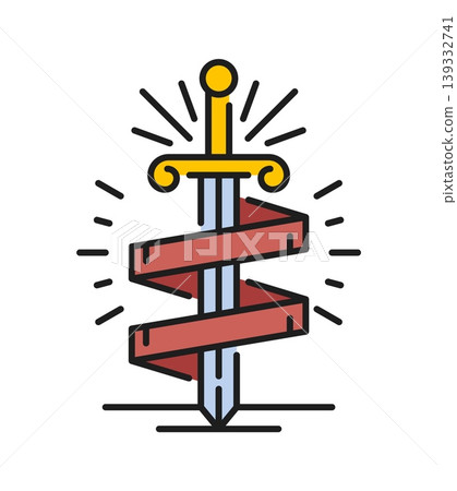 Heraldry red ribbon and sword color line icon or symbol. Vintage medieval linear pictogram, royal Coat of Arms sign. Antique heraldry icon Heraldry red ribbon and sword color line icon or symbol. Vintage medieval linear pictogram, royal Coat of Arms sign. Antique heraldry icon 139332741