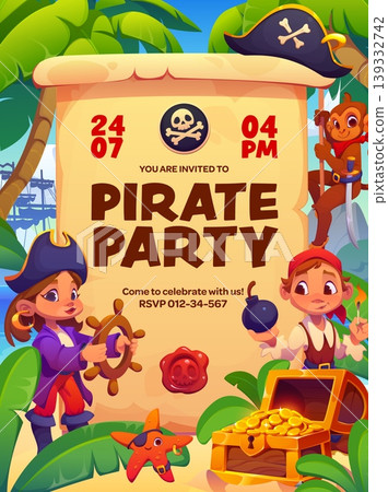 Pirate kids party flyer featuring kids in corsair costume, treasure chest, palm trees, pirate ship, cartoon starfish and monkey characters. Vector invitation poster template for birthday celebration Pirate kids party flyer featuring kids in corsair costume, treasure chest, palm trees, pirate ship, cartoon starfish and monkey characters. Vector invitation poster template for birthday celebration 139332742