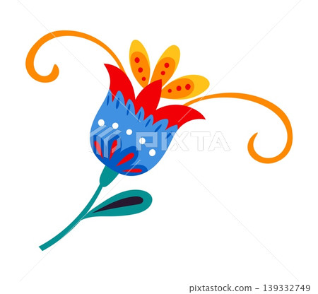 Mexican folklore holiday graphic flower decoration with blue and red bud and curly pestle. Hispanic culture nature decor, Mexico floral isolated vector element. Mexican ethnic flower decoration Mexican folklore holiday graphic flower decoration with blue and red bud and curly pestle. Hispanic culture nature decor, Mexico floral isolated vector element. Mexican ethnic flower decoration 139332749