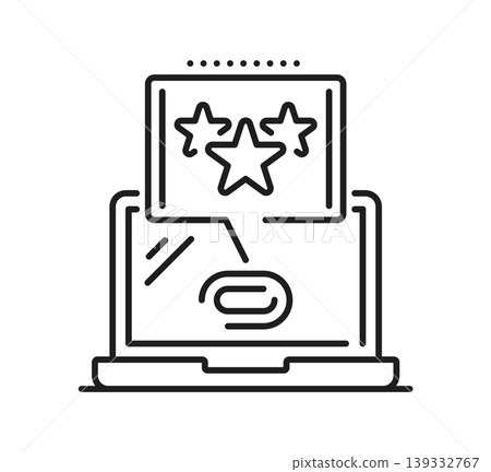 Laptop display showing rating star pictograms on screen, best quality icons, review and rating star speech bubble. Linear vector sign representing ranking, customer feedback and performance metrics Laptop display showing rating star pictograms on screen, best quality icons, review and rating star speech bubble. Linear vector sign representing ranking, customer feedback and performance metrics 139332767