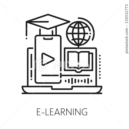 Online education learning line icon or label. Online education thin line symbol, distance e-learning vector sign. Web course pictogram with smartphone, globe and graduation cap on laptop screen Online education learning line icon or label. Online education thin line symbol, distance e-learning vector sign. Web course pictogram with smartphone, globe and graduation cap on laptop screen 139332773