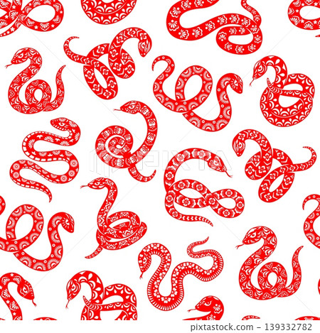 Asian snake reptiles seamless pattern. Red snakes intricately decorated with white floral and geometric ornaments, textile pattern, folk art and culture, traditional festival decorations pattern 139332782