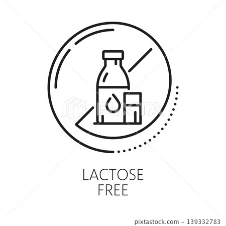 Food allergen free icon, lactose allergy ingredient label pictogram. Linear icon featuring milk bottle and glass of milk inside crossed out circle. Vector emblem for lactose free products Food allergen free icon, lactose allergy ingredient label pictogram. Linear icon featuring milk bottle and glass of milk inside crossed out circle. Vector emblem for lactose free products 139332783