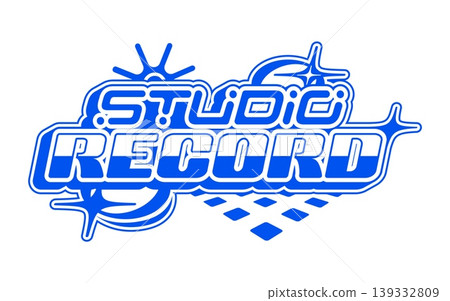 Blue Y2K streetwear studio record icon or label. Apparel typography retro icon, brand graphic Y2K isolated vector print. Clothing text funky label element or streetwear futuristic vintage emblem 139332809