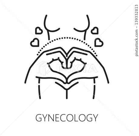 Woman reproductive health and gynecology, urinary medical line icon. Gynecology and health, fertility icon, pregnancy vector pictogram. Urinary medicine symbol with woman body, heart hand gesture 139332813