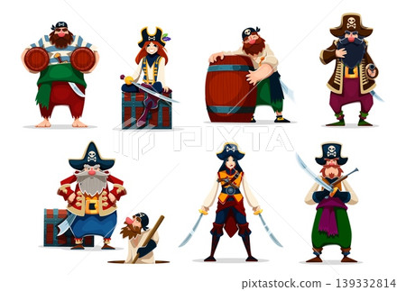 Cartoon pirate captain, boatswain, skipper and sailors characters, vector caribbean corsairs. Cartoon pirates and sailor with rum barrel, girl corsair in tricorne hat with skull crossbones and swords Cartoon pirate captain, boatswain, skipper and sailors characters, vector caribbean corsairs. Cartoon pirates and sailor with rum barrel, girl corsair in tricorne hat with skull crossbones and swords 139332814