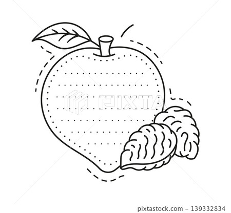 Ripe peach fruit kids memo note frame. Farm orchard fruit schedule list vector frame, children memo note template. Kids diary page or scrapbook linear template with whole ripe peach and seeds 139332834