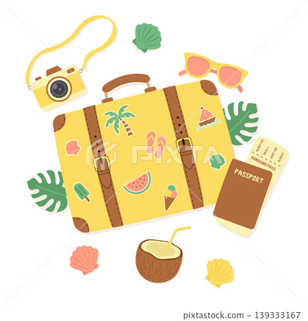 Flat lay vacation elements collection on white background vector illustration. Flat lay vacation elements collection on white background vector illustration. 139333167