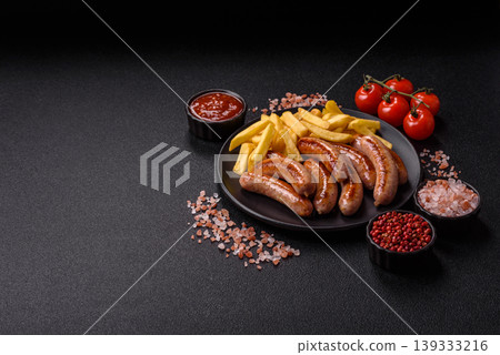 Grilled or barbecued chicken sausages for the dinner table. Grilled sausages 139333216