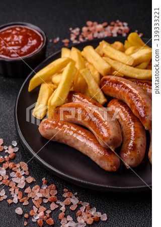 Grilled or barbecued chicken sausages for the dinner table. Grilled sausages 139333221