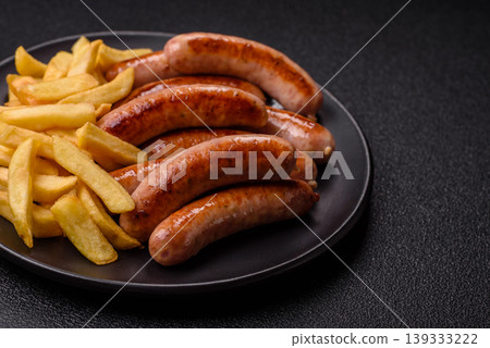 Grilled or barbecued chicken sausages for the dinner table. Grilled sausages Grilled or barbecued chicken sausages for the dinner table. Grilled sausages 139333222