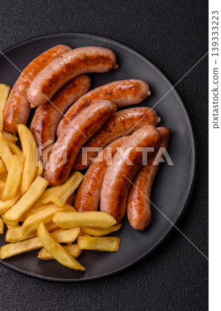 Grilled or barbecued chicken sausages for the dinner table. Grilled sausages 139333223