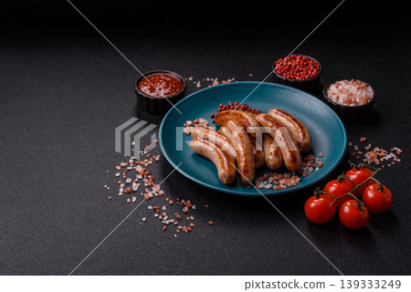 Grilled or barbecued chicken sausages for the dinner table. Grilled sausages 139333249