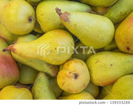 Fresh ripe pears pile at farmers market, autumn fruit harvest display Fresh ripe pears pile at farmers market, autumn fruit harvest display 139333289