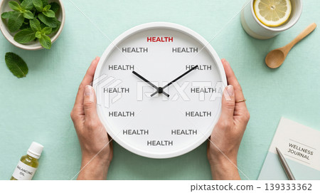 Woman Holding Clock with HEALTH Text Wellness and Healthy Lifestyle Concept 139333362