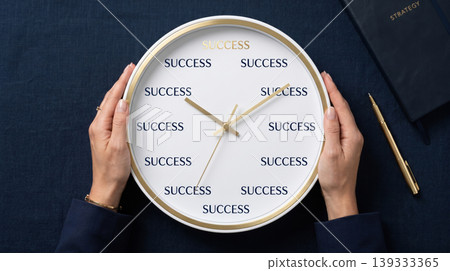 Hands Holding Clock with SUCCESS Text Business Growth and Achievement Concept 139333365