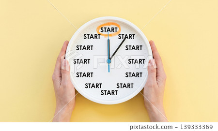 Female Hands Holding Clock with START Text Motivation and New Beginning Concept 139333369