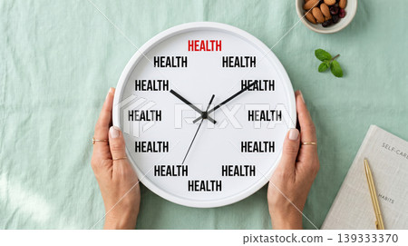 Woman Holding Clock with HEALTH Text Wellness and Healthy Lifestyle Concept Woman Holding Clock with HEALTH Text Wellness and Healthy Lifestyle Concept 139333370