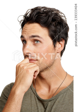 Thinking, planning and young man in a studio for choice, decision or options facial expression. Ideas, question and male person with brainstorming or dreaming face isolated by white background. Thinking, planning and young man in a studio for choice, decision or options facial expression. Ideas, question and male person with brainstorming or dreaming face isolated by white background. 139333404
