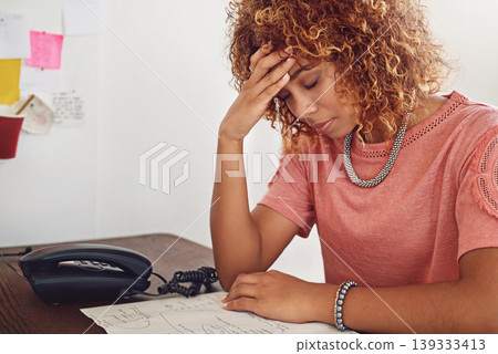 Headache, documents or woman in office for administration, paperwork report or project deadline. Migraine pain, stress or frustrated secretary at desk working on research or agenda with depression Headache, documents or woman in office for administration, paperwork report or project deadline. Migraine pain, stress or frustrated secretary at desk working on research or agenda with depression 139333413
