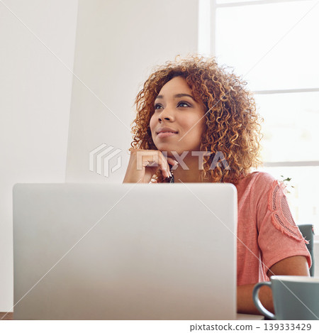 Woman thinking, business student and laptop for research at desk, technology and internet in agency. African lady, office intern or working on computer, website and PC for planning online ideas Woman thinking, business student and laptop for research at desk, technology and internet in agency. African lady, office intern or working on computer, website and PC for planning online ideas 139333429