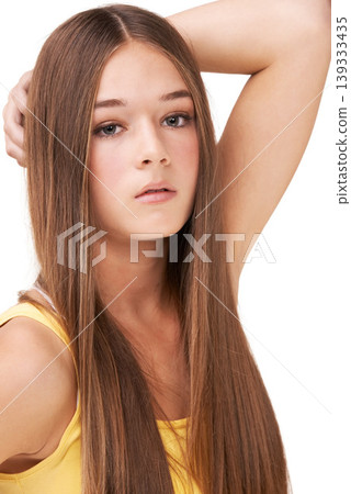 Confidence, fashion and face of girl on a white background with attitude, beauty and style. Teenager model, youth and isolated young person with trendy clothes, casual outfit and stylish in studio Confidence, fashion and face of girl on a white background with attitude, beauty and style. Teenager model, youth and isolated young person with trendy clothes, casual outfit and stylish in studio 139333435